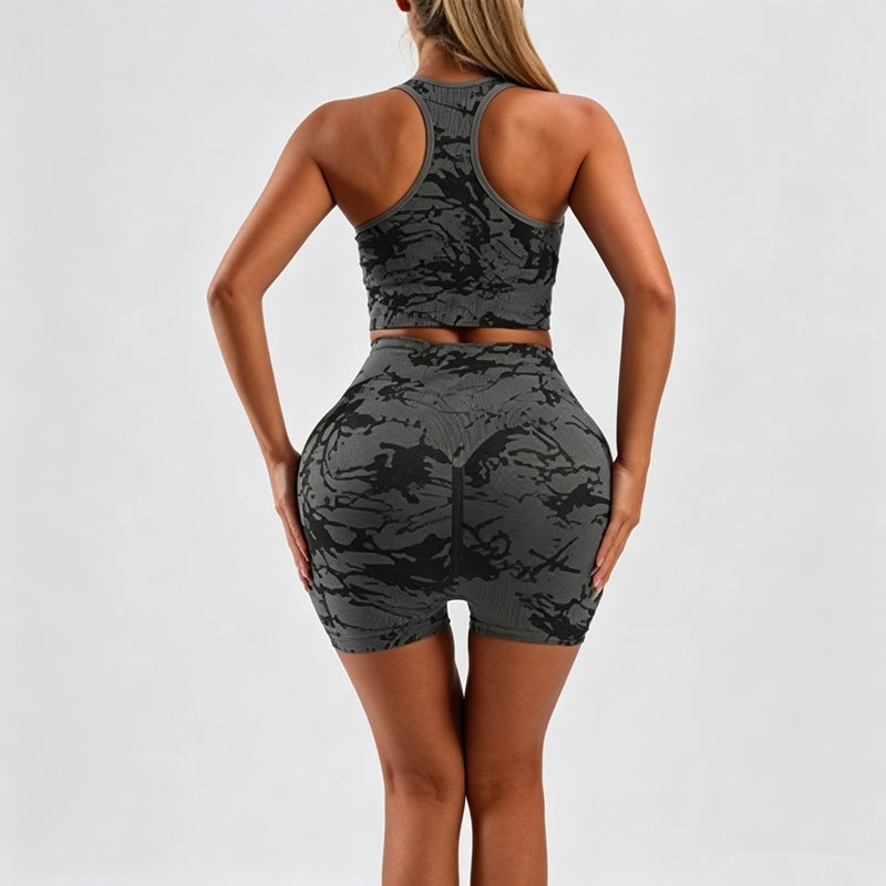 Women's 2 Piece Tie Dye Seamless Workout Set, Sports Bra and High Waist Yoga Shorts - image 10