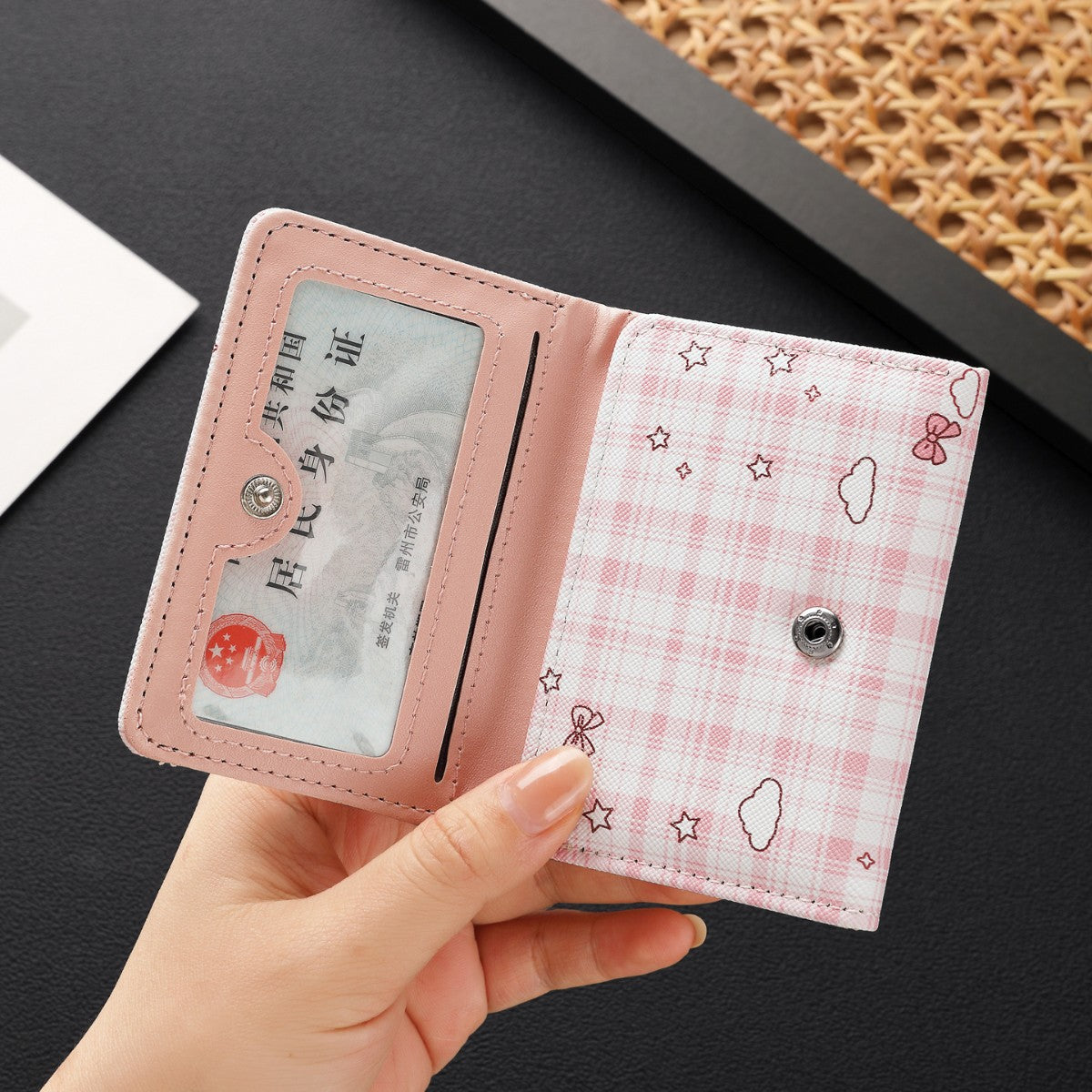 Plaid Short Wallet with Dog Design - image 3