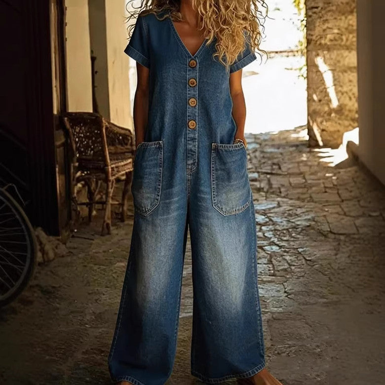 Comfortable Pocketed Short-Sleeve Casual Wide-Leg Jumpsuit - image 3