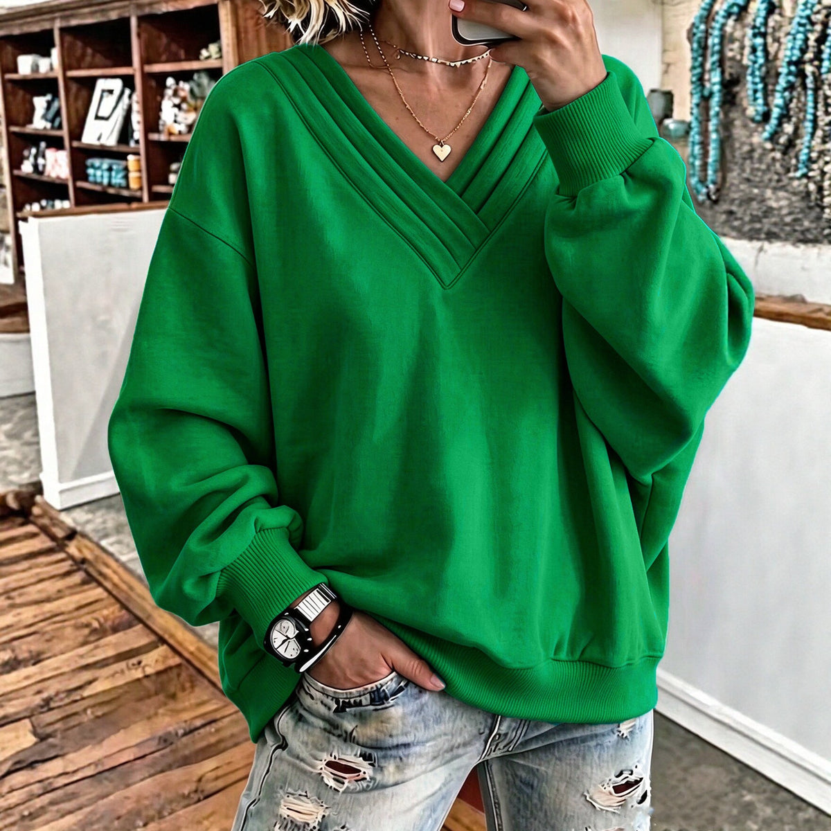 Women's Loose V-Neck Brushed Hoodie - image 4