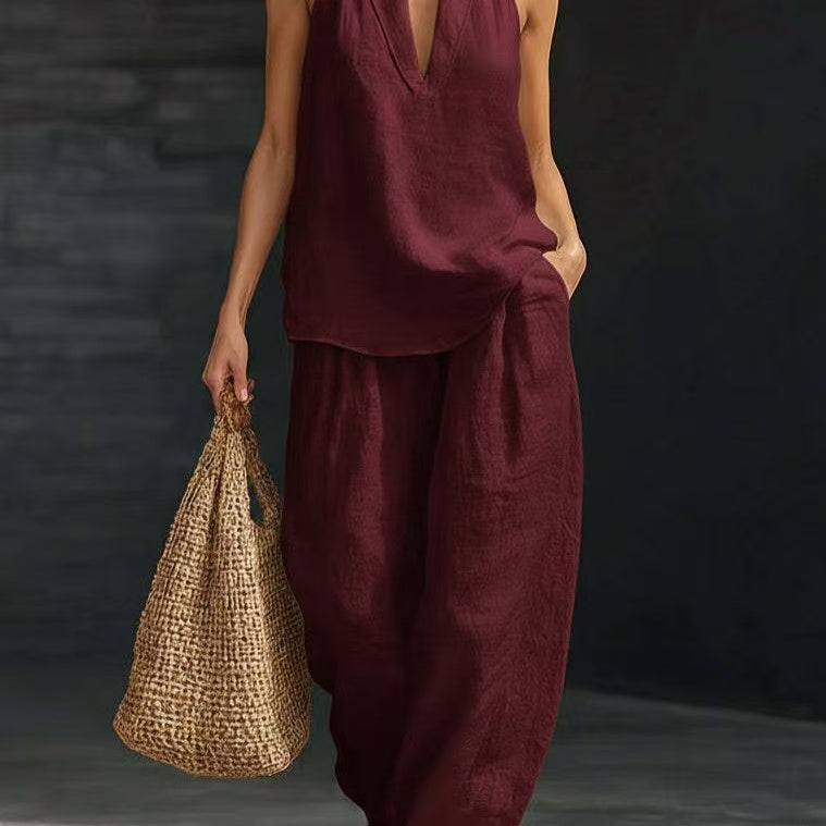 Conjunto de 2 piezas: top halter con escote en V y pantalón de pierna ancha - image 2