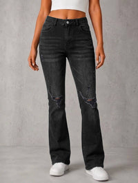 High-Waist Washed Gray Ripped Flare Jeans - image 1