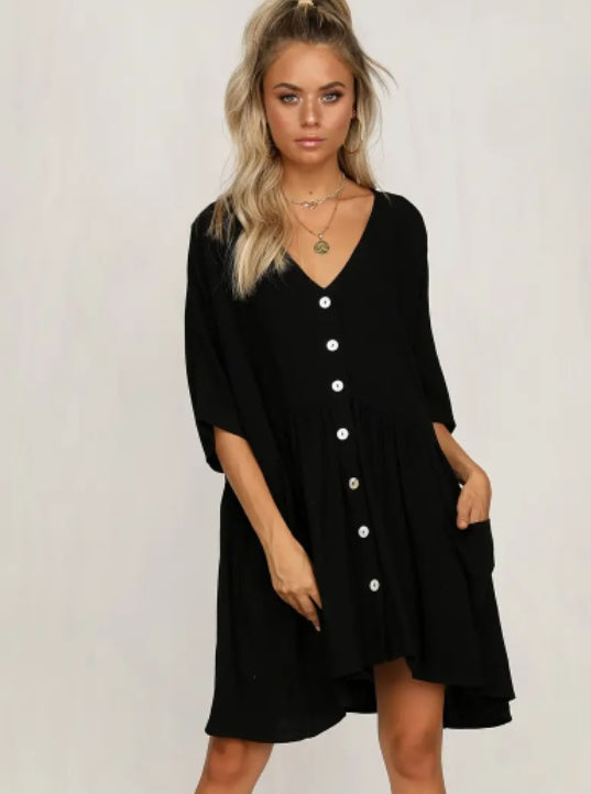 Vestido salida de baño con botones, escote en V y bolsillo