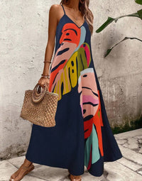 Women's Leaf Print V-Neck Spaghetti Strap Maxi Dress, Loose Summer Sundress - image 5