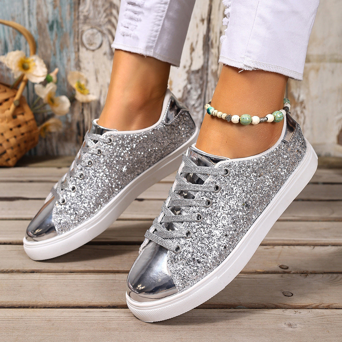 Plus Size Sequined Front Lace-up Solid Color Plus Size Board Shoes - image 4