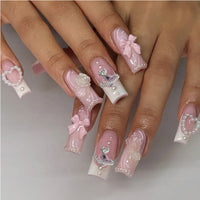 24 Pcs Long Square Press On Nails, Pink French Tip with Pearl, Bow and Rose 3D Nail Art - image 1