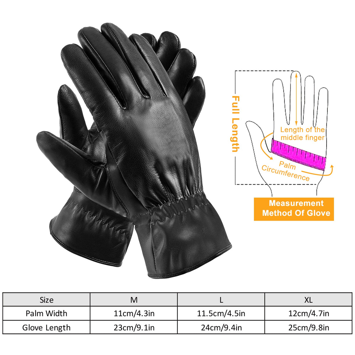 Guantes negros de cuero sintético forrados, cortavientos - image 5