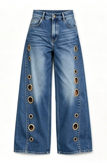Women Wide Leg Jeans High Waist Blue Washed Grommet Baggy Denim Pants - image 7