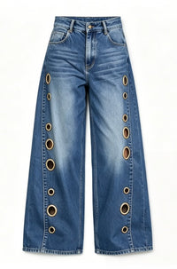Women Wide Leg Jeans High Waist Blue Washed Grommet Baggy Denim Pants - image 7
