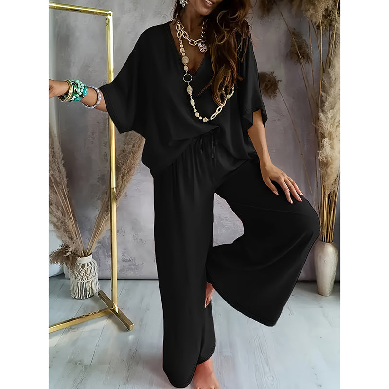 Women's 2 Piece Outfit, Casual Solid Color V-Neck Half Sleeve Top And Wide Leg Pants Lounge Set - image 7