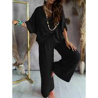 Women's 2 Piece Outfit, Casual Solid Color V-Neck Half Sleeve Top And Wide Leg Pants Lounge Set - image 7