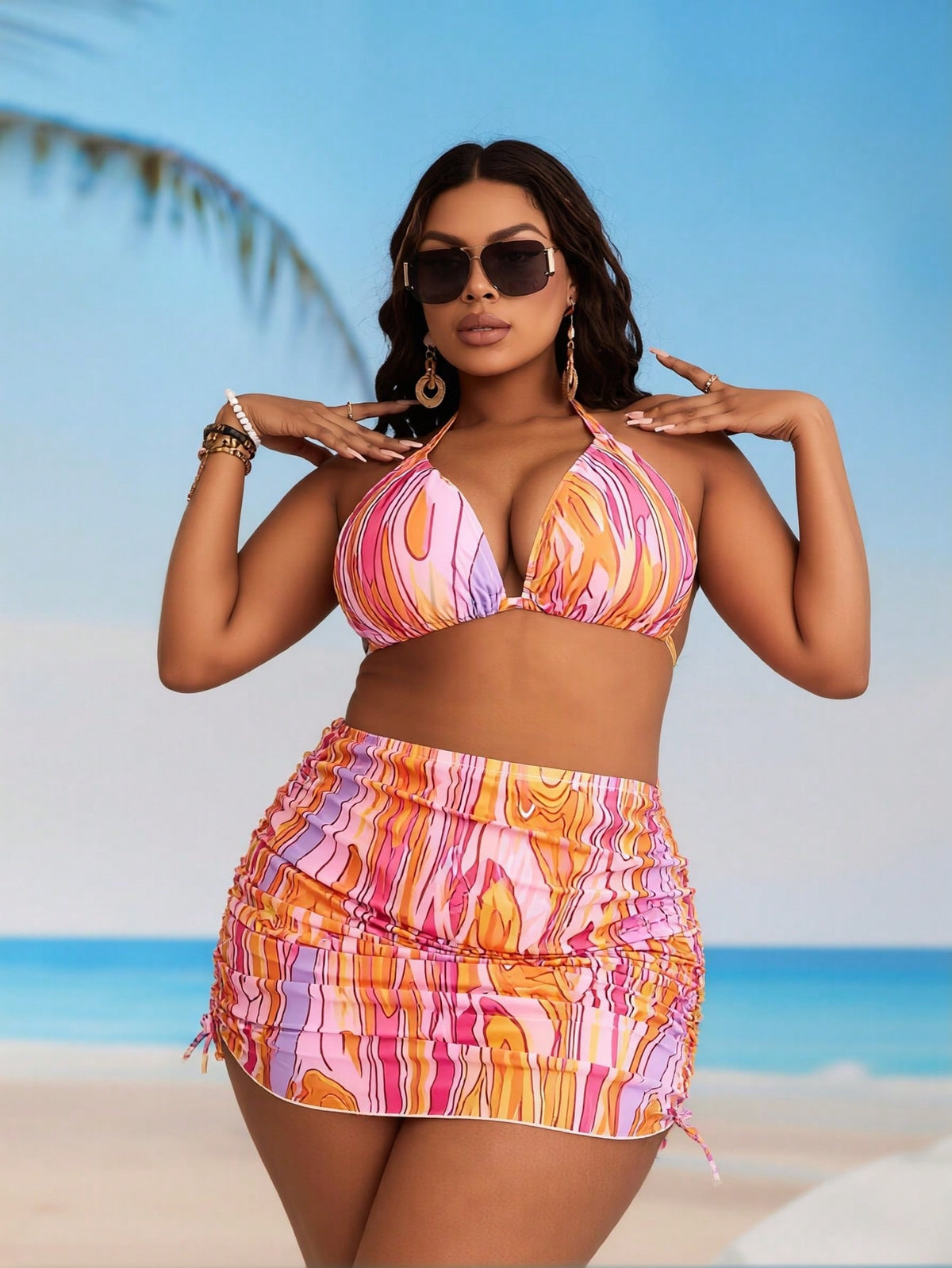 Women's Plus Size Gradient Halter Bikini with Skirt Cover Up, 3 Piece - image 3