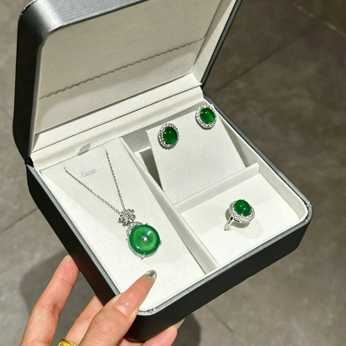 Silver Plated Green Chalcedony Teardrop Jewelry Set - image 2