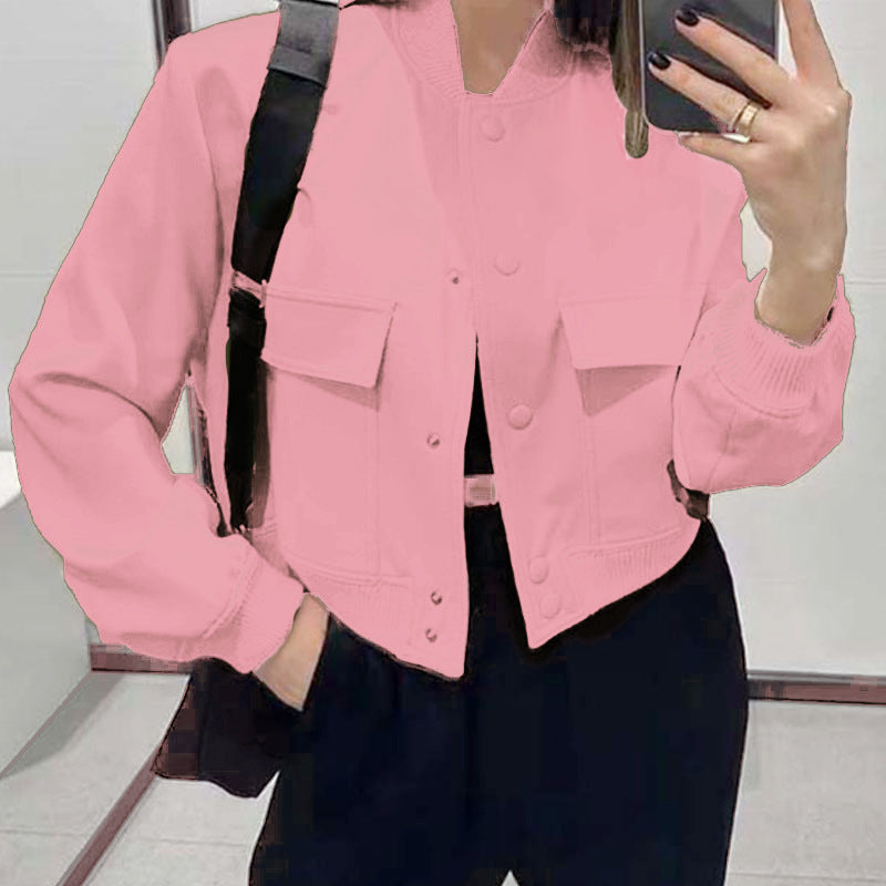 Women's Cropped Bomber Jacket, Stand Collar Snap Button Jacket with Flap Pockets - image 8