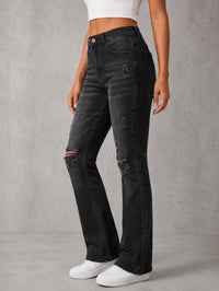 High-Waist Washed Gray Ripped Flare Jeans - image 3