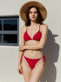 Solid Red Halter Triangle Bikini Set, Adjustable Side Tie High Cut Two Piece Bathing Suit - image 1