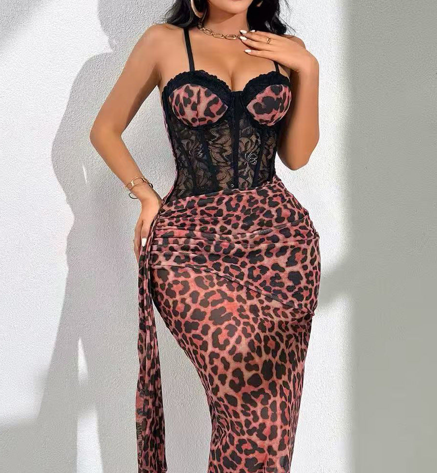 Leopard Print Lace Halter Bodycon Dress - image 8