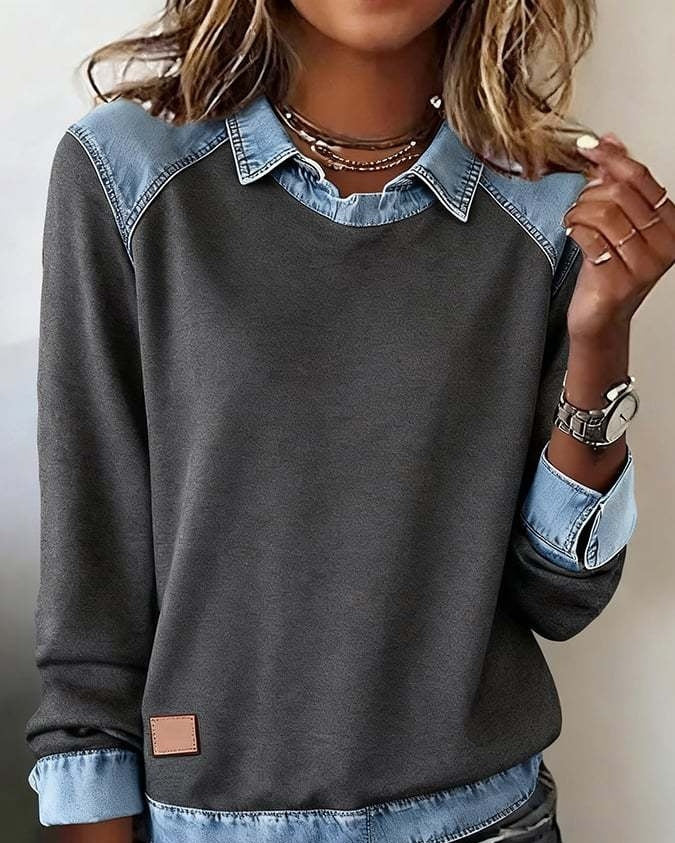 Denim Collar Long Sleeve Pullover Patchwork Knitwear Top - image 5