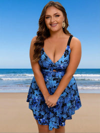 Plus Size Women's Sexy Fashion Blue-Black Botanical Print Twist One-Piece Swimdress For Vacation & Leisure - image 1