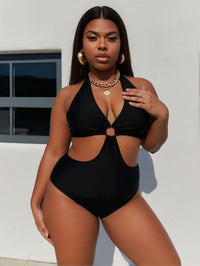 Traje de baño entero negro halter con aro y abertura, talla grande - image 1