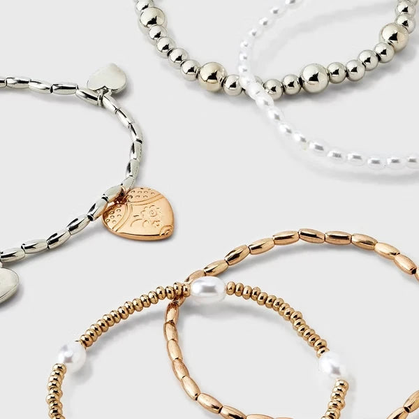 Heart Charm & Pearl Beaded Bracelet 5-Piece Set - Gold - image 4