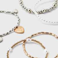 Heart Charm & Pearl Beaded Bracelet 5-Piece Set - Gold - image 4