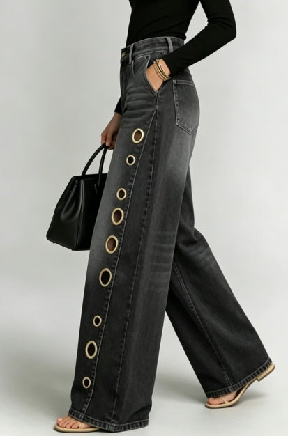 Jeans anchos negros con ojales de tiro alto - image 4