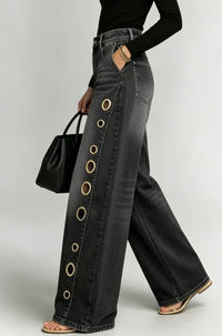 Jeans anchos negros con ojales de tiro alto - image 4