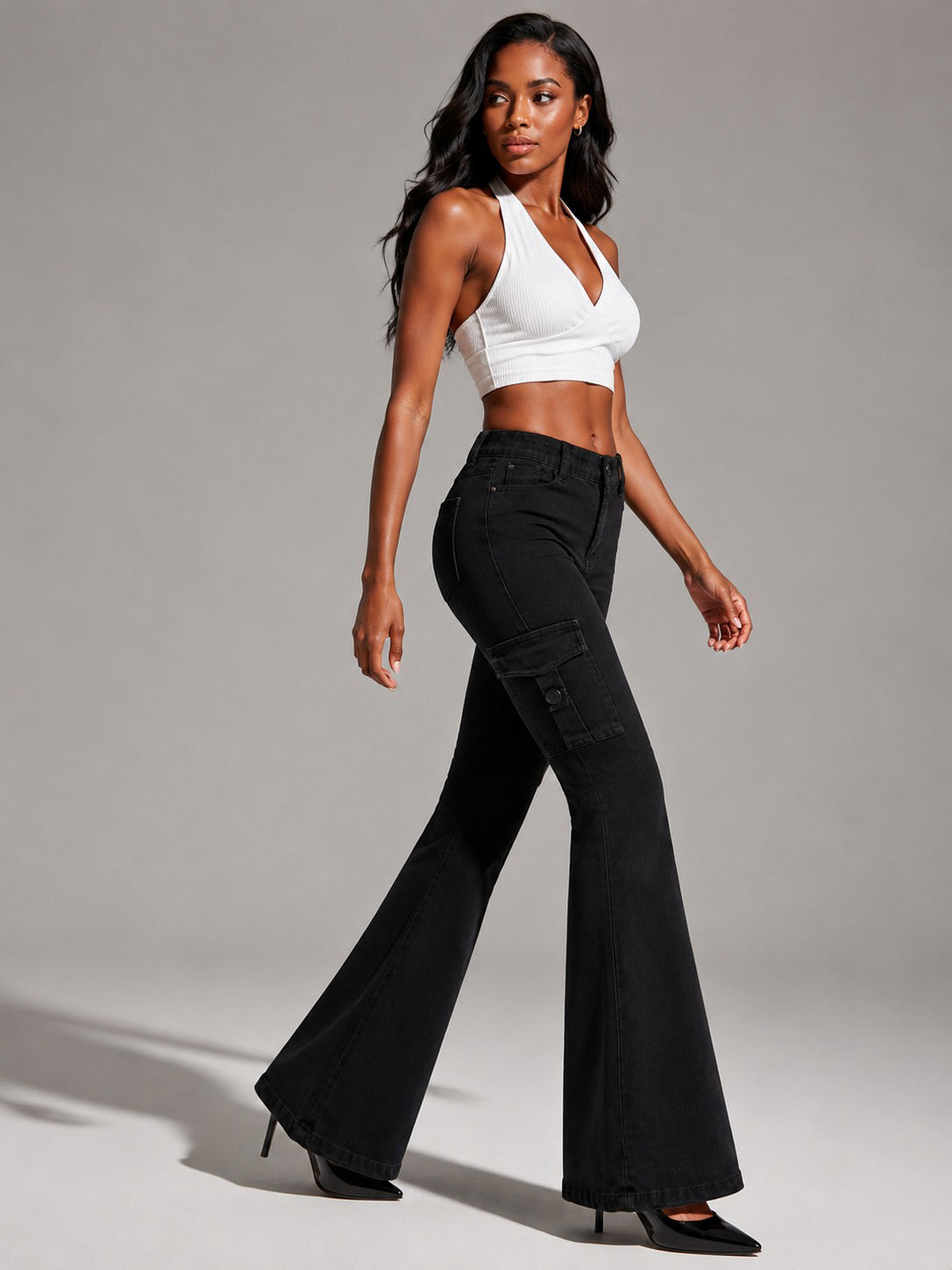 Women's Stretch Cargo Flare Jeans, Black - image 4