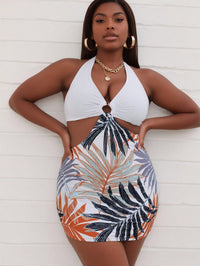 Women's Plus Size White Halter O-Ring Swimsuit with Palm Skirt - image 4
