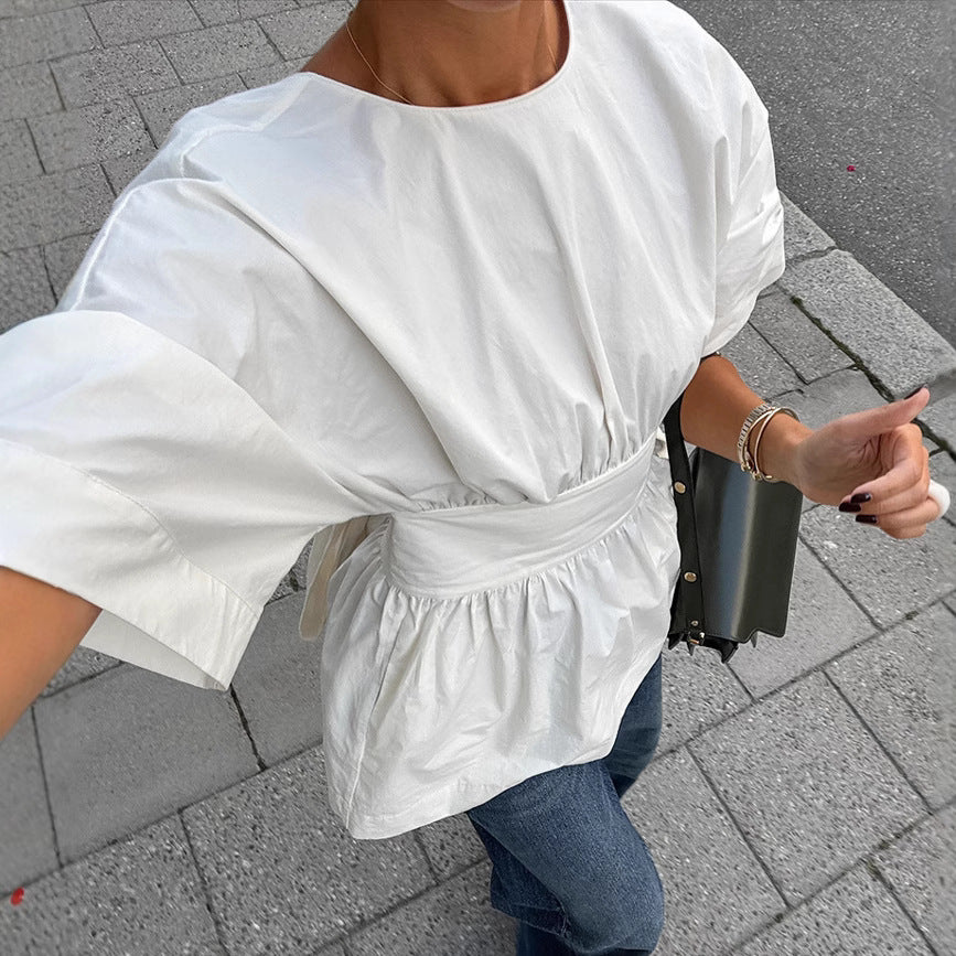 Summer Backless Short Sleeve T-shirt With Back-tied Design Fashion Bat Sleeve Top For Women Clothing - image 4