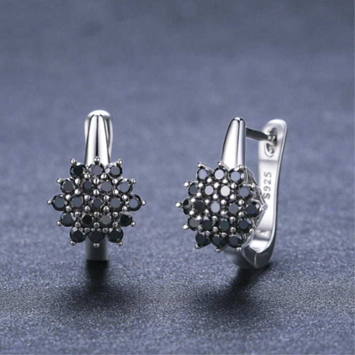 Black Zircon Flower Huggie Earrings