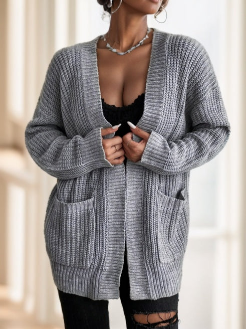 Solid Dual Pockets Ribbed Knit Cardigan,Long Sleeve Tops - image 3