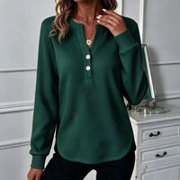 Womens V-neck, Buttoned Long-sleeve Top With A Double-curved Hem - image 6