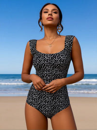 Women's One-Piece Swimsuit: Black & White Dalmatian Print, Square Neck, Ruched Tummy Control - image 1