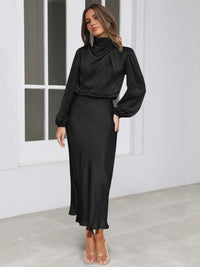 Women's Satin Mock Neck Long Sleeve Midi Dress - image 8