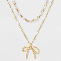 Acrylic Pearl & Bow Necklace Set 2 Pc - Gold - image 3