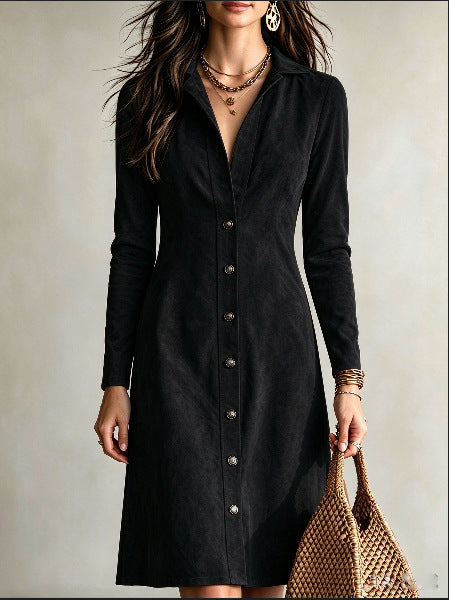 Women's Faux Suede Button Slim Fit Long Dress