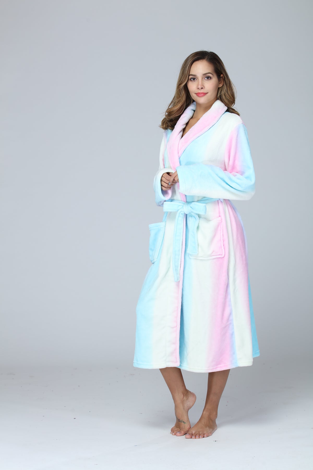Women's Soft Plush Fleece Long Robe, Ombre Shawl Collar Bathrobe with Belt and Pockets - image 5