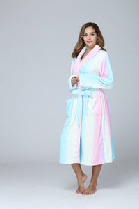 Women's Soft Plush Fleece Long Robe, Ombre Shawl Collar Bathrobe with Belt and Pockets - image 5