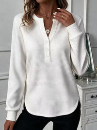 Womens V-neck, Buttoned Long-sleeve Top With A Double-curved Hem - image 7