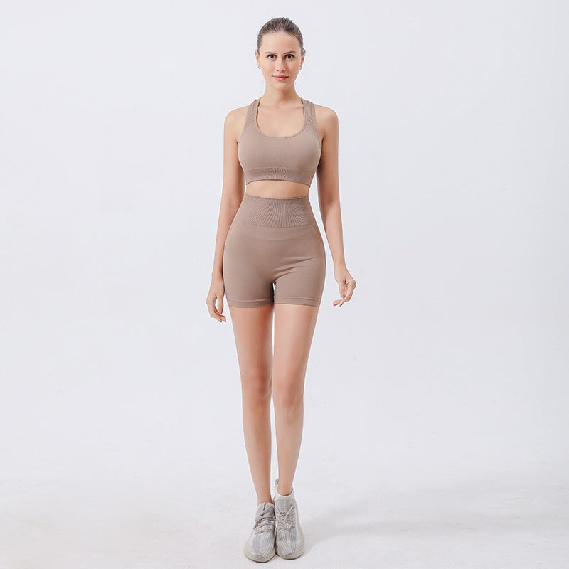 Women's 2 Piece Seamless Ribbed Workout Set, Racerback Sports Bra and High Waist Biker Shorts - image 9