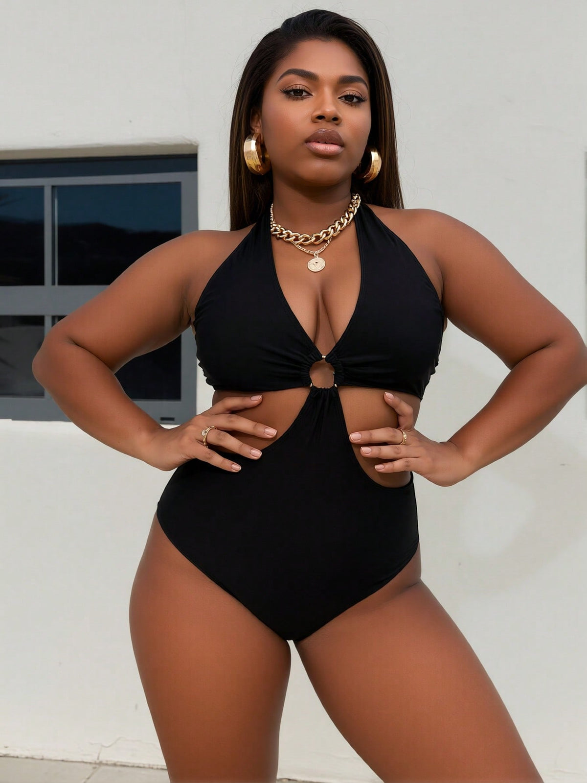 Traje de baño entero negro halter con aro y abertura, talla grande - image 4