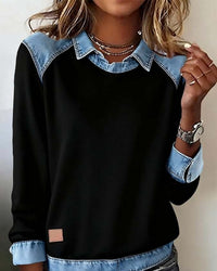 Denim Collar Long Sleeve Pullover Patchwork Knitwear Top - image 3