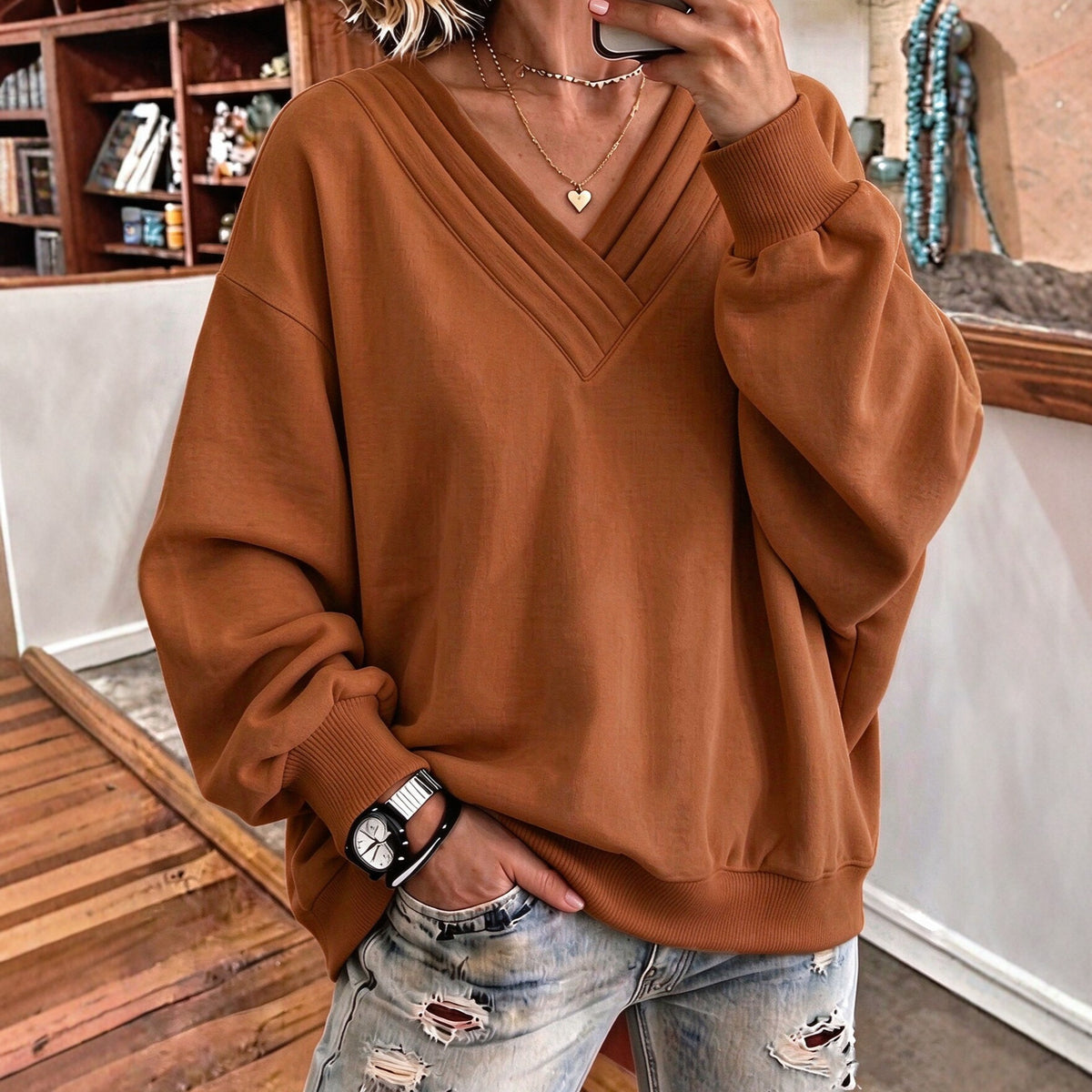 Women's Loose V-Neck Brushed Hoodie - image 3
