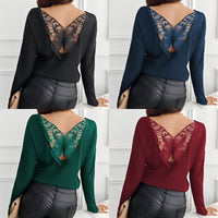 Women's Solid Color Back Stitching Pansy Rib Long-sleeved T-shirt - image 1