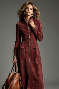 Stand Collar Zip Faux Suede Long Dress - image 7