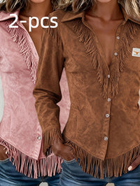 Western Cowboy-Style Suede Fringe Slim-Fit Long-Sleeve Shirt - image 8
