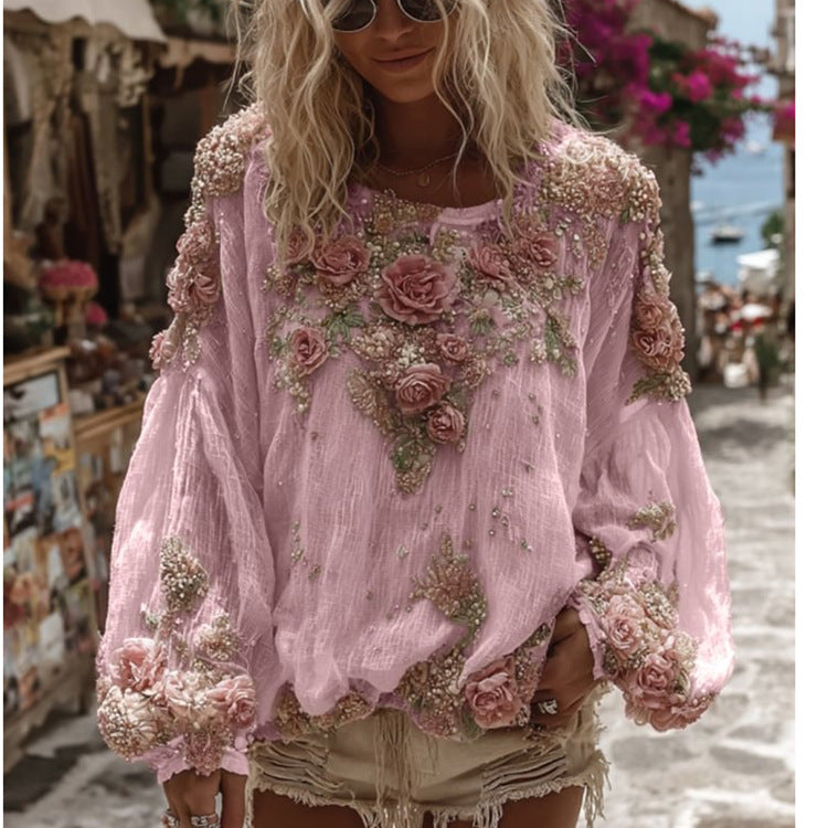 Blusa holgada de manga larga con flores en relieve - image 5