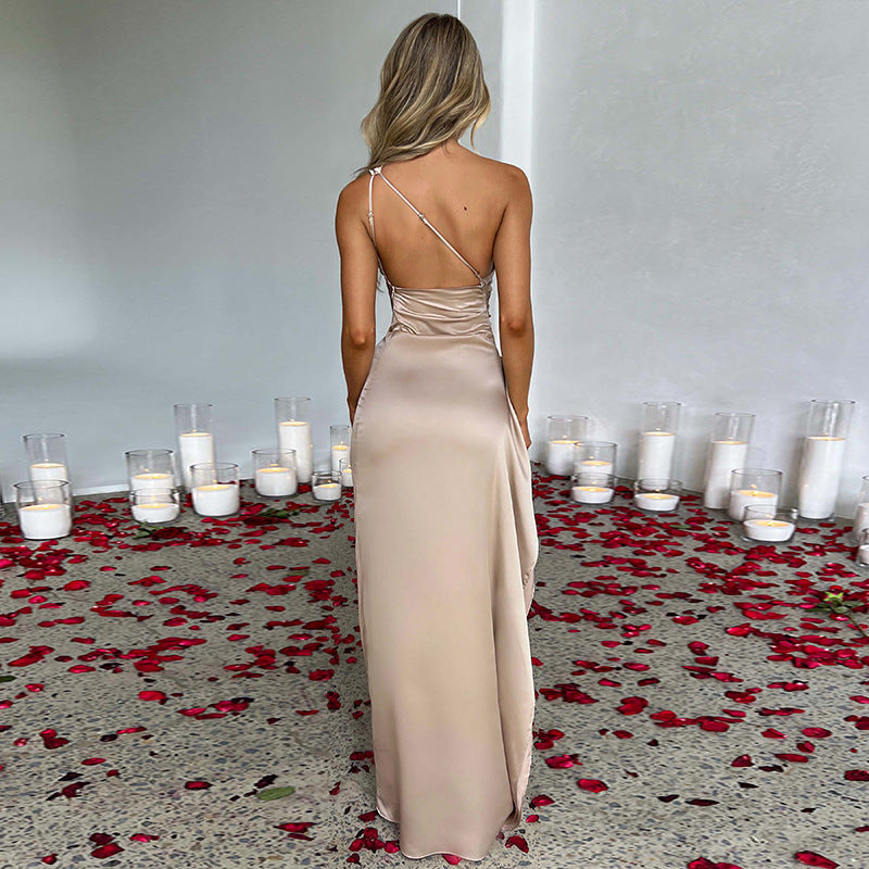 Women's Satin One Shoulder Ruched Maxi Dress with High Slit - image 4